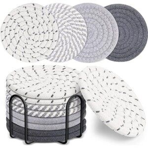 Absorbent Cotton Woven Drink Coasters Set of 8 with Holder Tabletop Protection